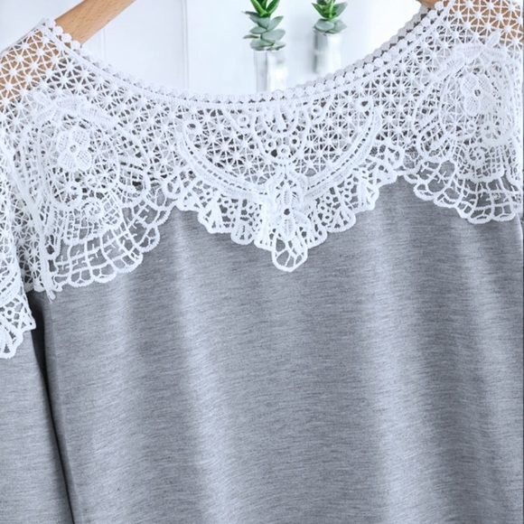 Heather Gray Plain Lace Long Sleeve Crew Neck T-Shirt - Picture 14 of 16